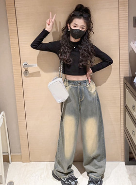 女童长袖t侐短款洋气露脐2023新款儿童打底衫紧身内搭上衣炸街舞