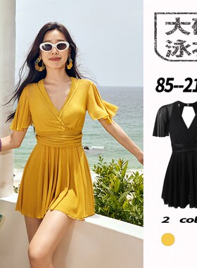 泳衣女大码胖mm200q斤遮肚显瘦保守微胖女孩遮肉连体黄色温泉女士