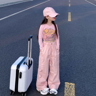 韩国童装2023秋季新款女童潮范阔腿美式工装裤儿童宽W松直筒束口