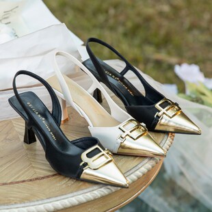 小雨家春夏新款拼接B扣尖头细跟后绊带包头凉P鞋浅口拼色高跟鞋女