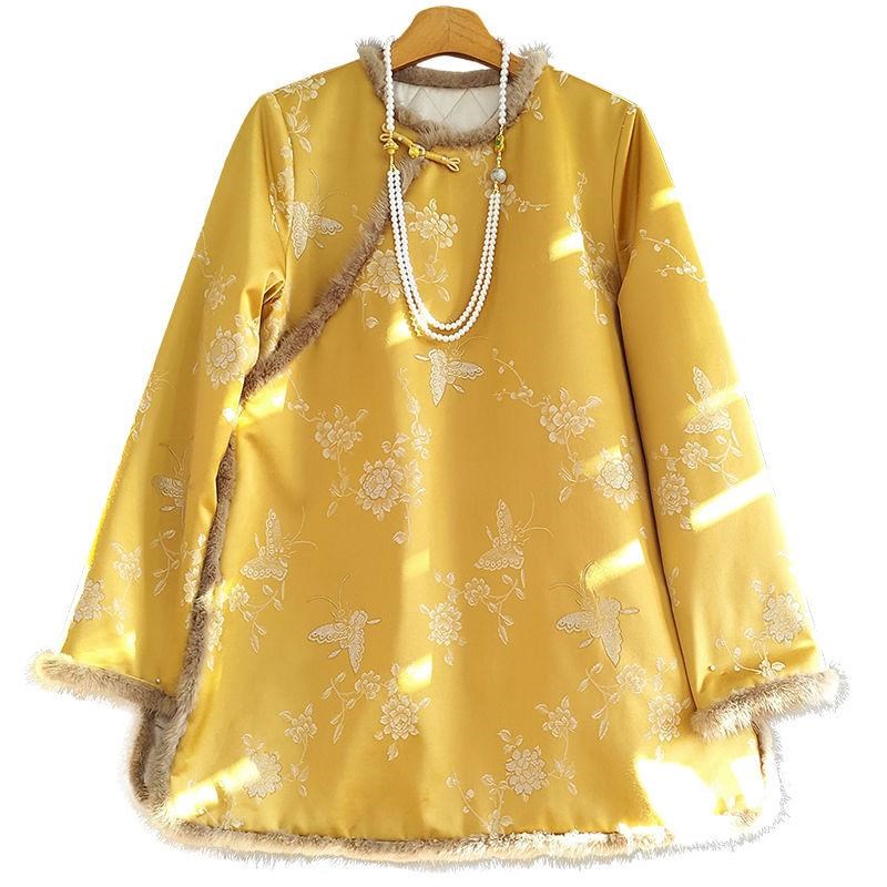 黄色改良新中式旗袍棉服女中长款冬装毛条拼接T提花国风夹棉上衣