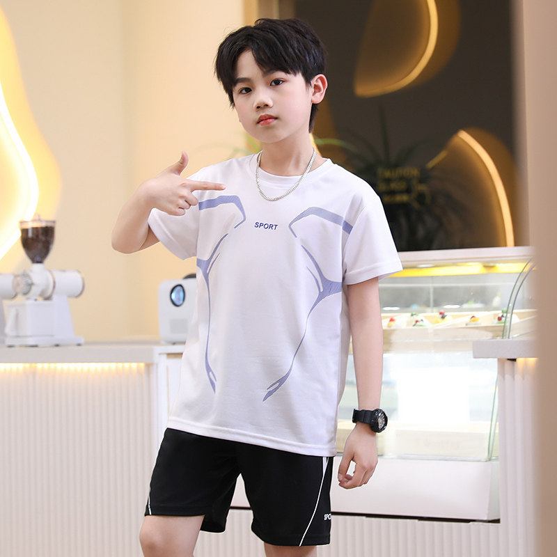 儿童速干运动套装夏季男童薄款短袖短裤两件套训练V服蓝球服足球