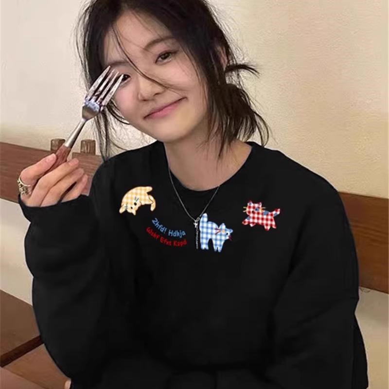 纯棉黑色圆领卫衣女春秋薄款2025新款爆款美式宽松W无帽小个子上
