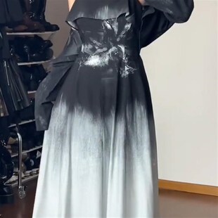 云鬓斜簪 黑灰写意笔触连衣裙清冷暗黑新中式禅T意水墨吊带裙百搭