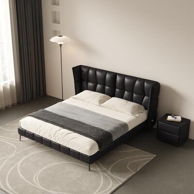 网红意极简主卧黑肌色床床UMO小式户型现代简约双肉人悬浮皮床