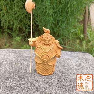 崖柏黄杨木雕把玩摆件门神左右护法哼哈二将人物实木摆件工艺品