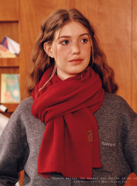 新年氛围感红色围巾女学生冬季含羊毛复古软糯加厚保暖优舒感围脖