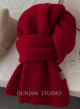 秋冬新款羊毛围巾女安可拉红加厚保暖学生情侣针织简约围脖新年红