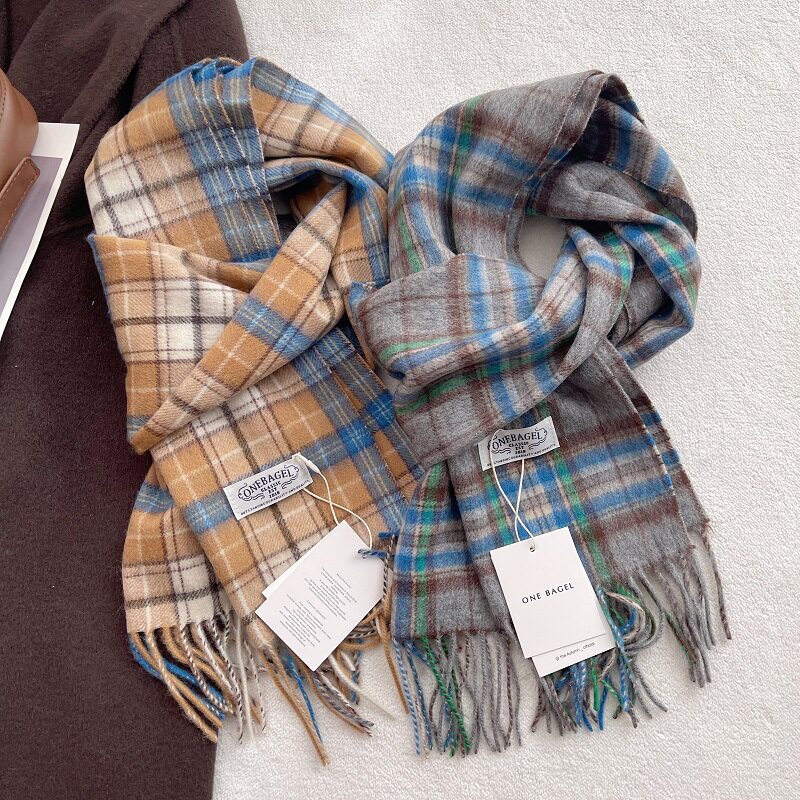 智系灰英伦格纹100%wool羊毛围巾复古百搭通勤OL披肩保暖男女款