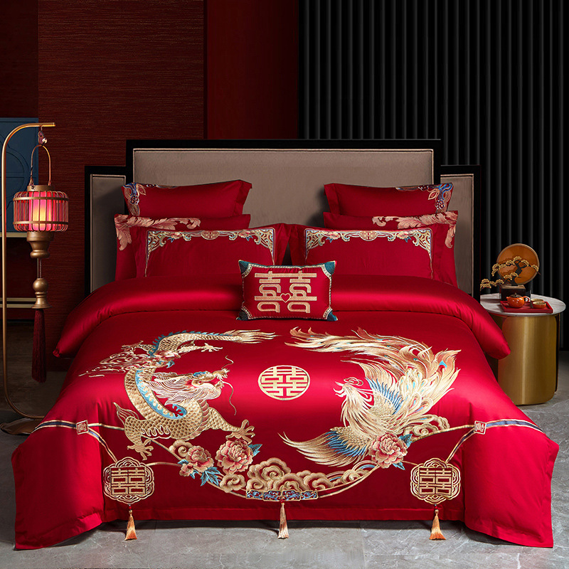 全棉长绒棉婚庆被刺绣床垫四件套六件套件床上用品