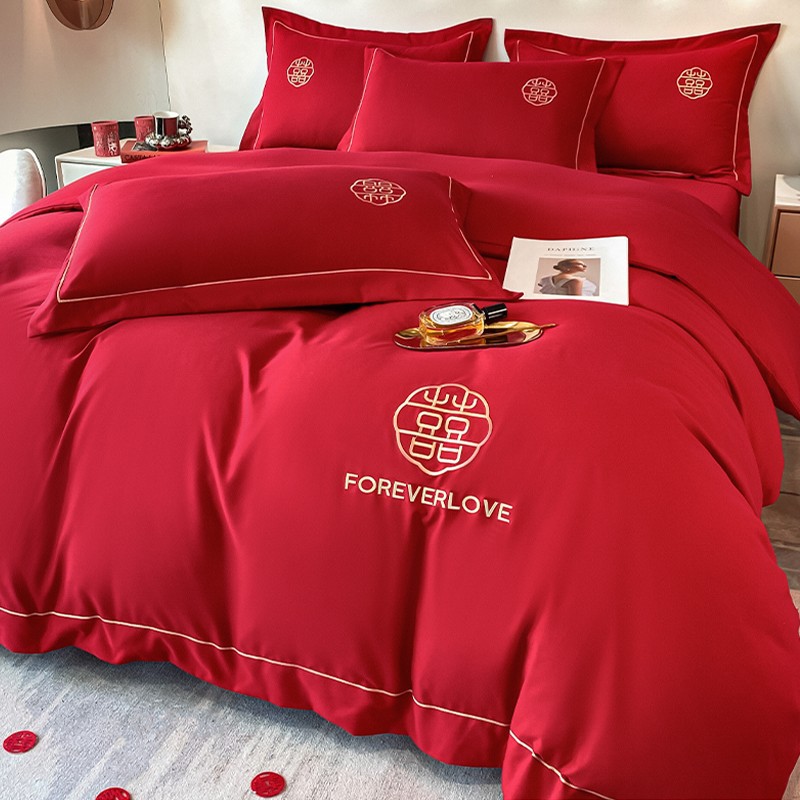 婚庆水洗棉喜庆四件套中式大红色