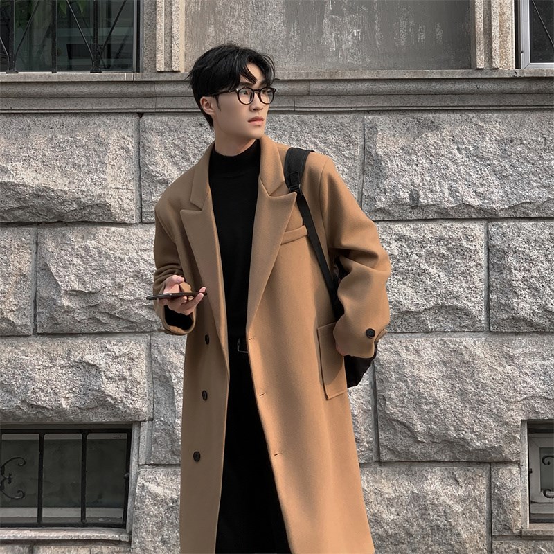 秋冬毛呢大衣男潮流款过膝加厚宽松男士风衣韩版呢子西装外套中长