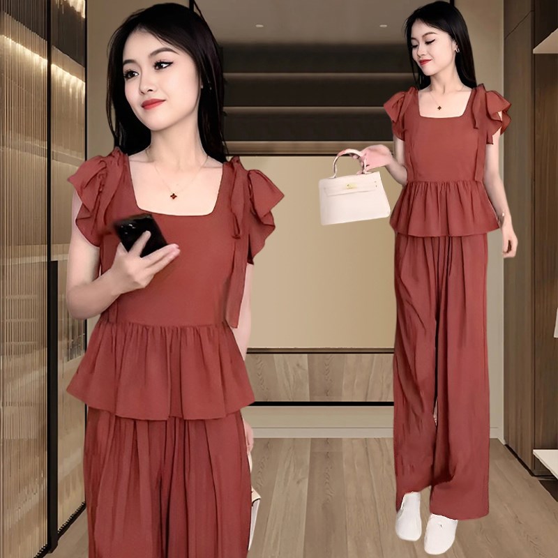 冰丝阔腿裤套装女2l025夏季网红爆款时尚洋气质减龄雪纺长裤两件