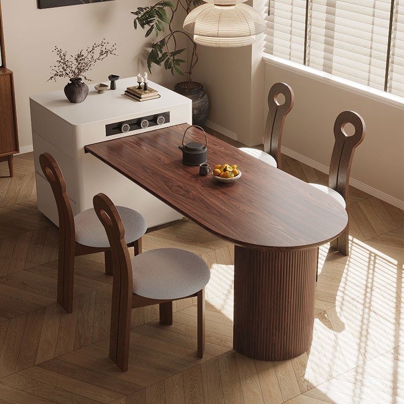 中古风岛台餐桌一体家用可伸缩复古法式小户型胡桃木吧台2025新款