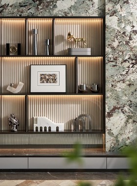 样板房售楼处客厅书房书柜书架装饰柜展示柜喇叭狗装饰画组合摆件