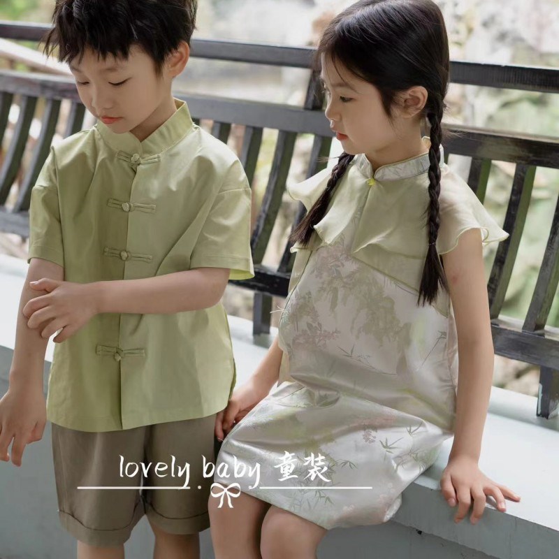 亲子装-夏款女童气质旗袍男童对襟套装姐弟装连衣裙马甲