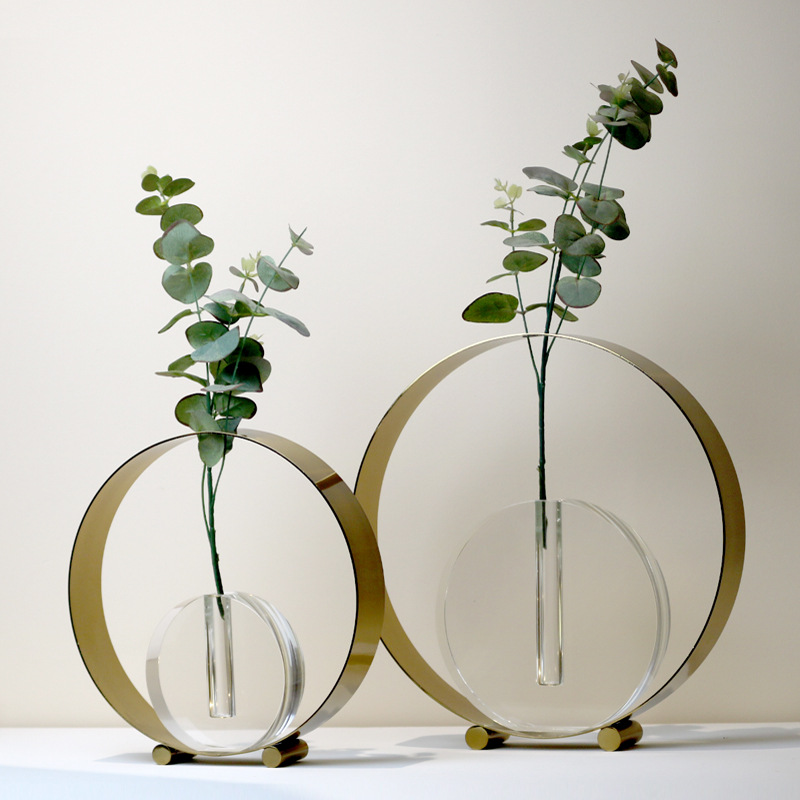 轻奢现代金属圆形水晶花瓶花器插花摆件客厅样板间软装餐桌饰品