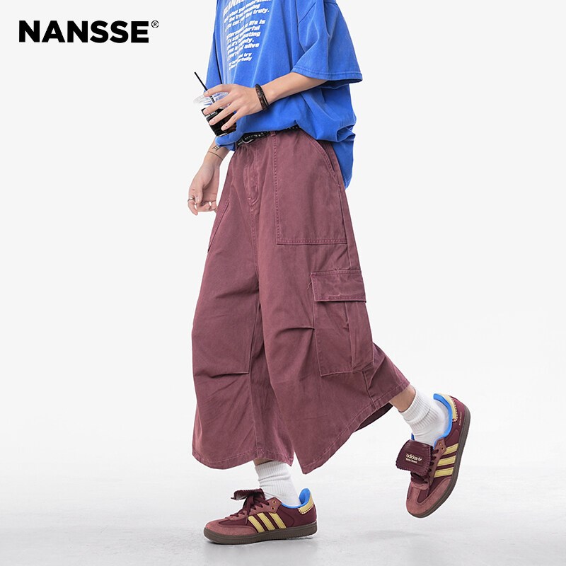 酒红色工装七分裤子男款2025新款美式宽松短裤直筒阔腿伞兵休闲裤