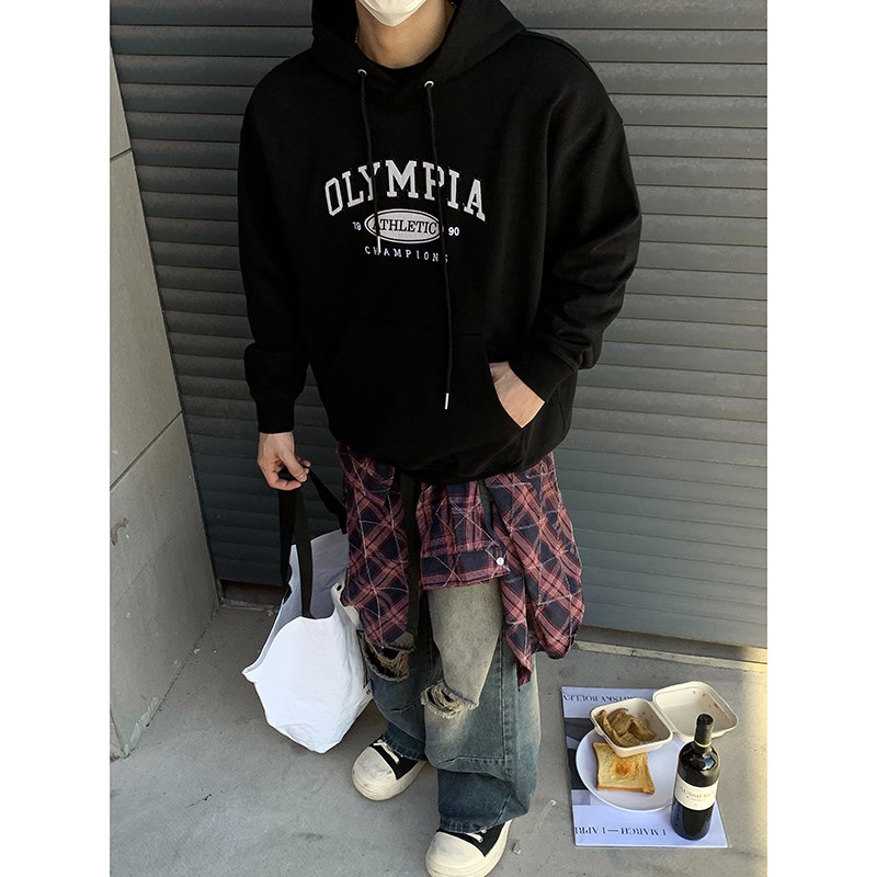 PLTH*美式重磅连帽卫衣简约男女款秋季宽松字母刺绣百搭套头上衣
