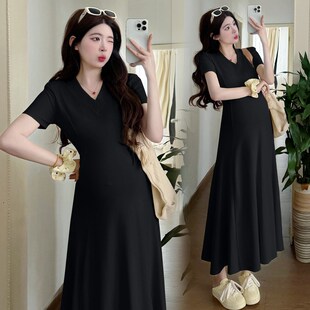 休闲裙子夏季 孕妇装 V领连衣裙时尚 简约长袖 长裙夏天孕妇裙夏 夏装