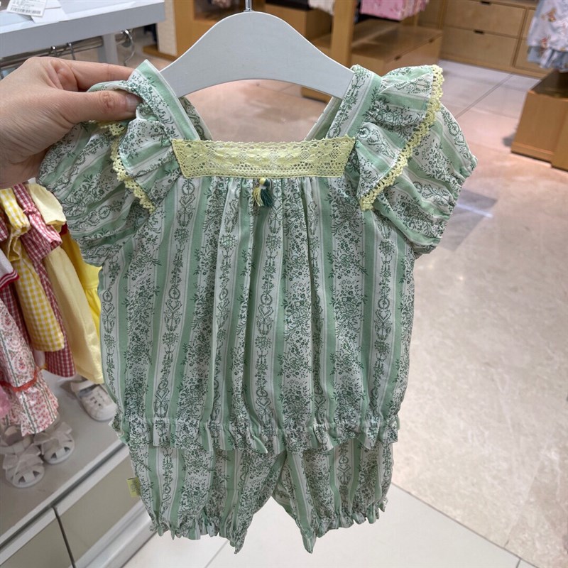 韩国童装 24夏新款女童宝宝绿碎花泡泡袖方领收腰衬衣防蚊裤套装