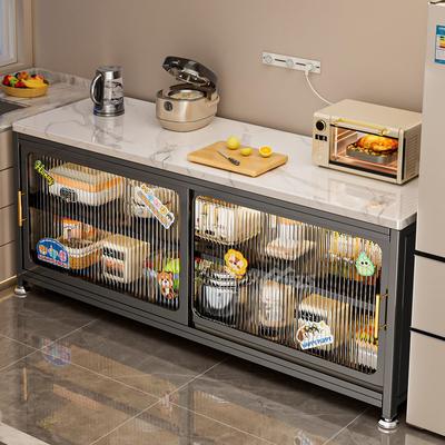 厨房置物架岩板落地推拉门靠墙一体切菜工作台收纳橱储物边柜子