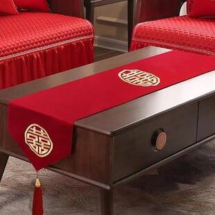 桌旗中式餐桌布婚礼盖喜字结婚刺绣流苏茶几桌布电视柜婚庆巾红色