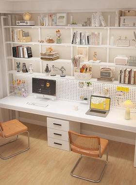 洞洞板双人电脑桌白色书桌初中生学习桌实木书桌书柜书架一体