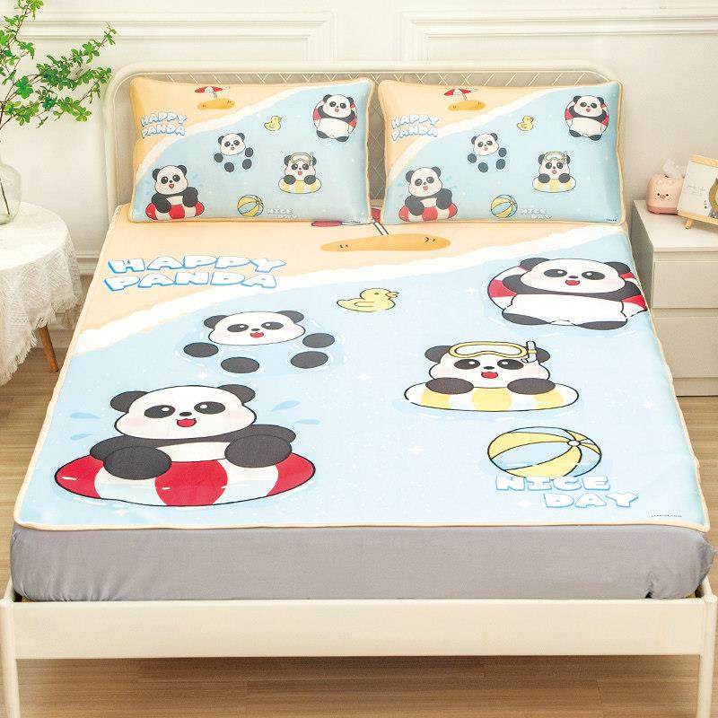 卡爱卡通熊猫夏季冰丝席2024新款可机洗折叠凉席垫子单人双人枕头,床上用品,冰丝席,淘宝优惠券,粉丝福利购,淘宝优惠卷