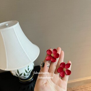 极速浮夸少女dayun 春日红花耳环百搭大花瓣耳钉少女夸张吸睛甜美