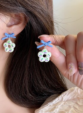 极速紫色蝴蝶结花朵耳钉r樱桃甜美可爱耳饰文艺小众设计感耳夹无