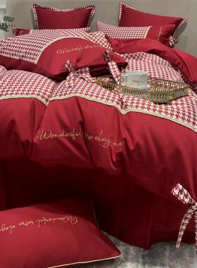 极速新婚庆床上红色刺绣r60支贡缎长绒棉纯棉四件式喜被结婚嫁床