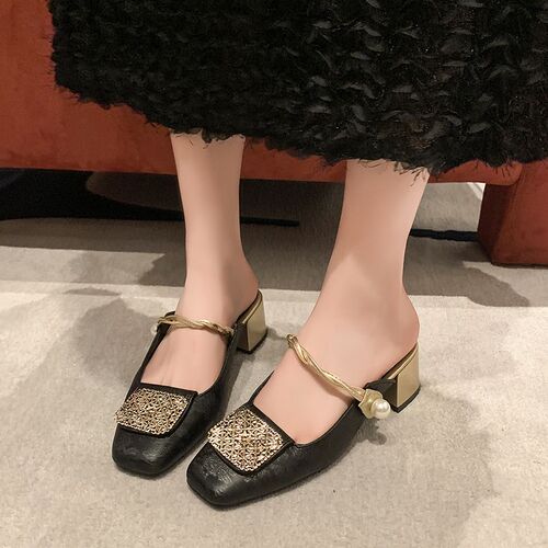 新品新中式国风包头半拖鞋女夏季新款F外穿粗跟玛丽珍鞋复古方头