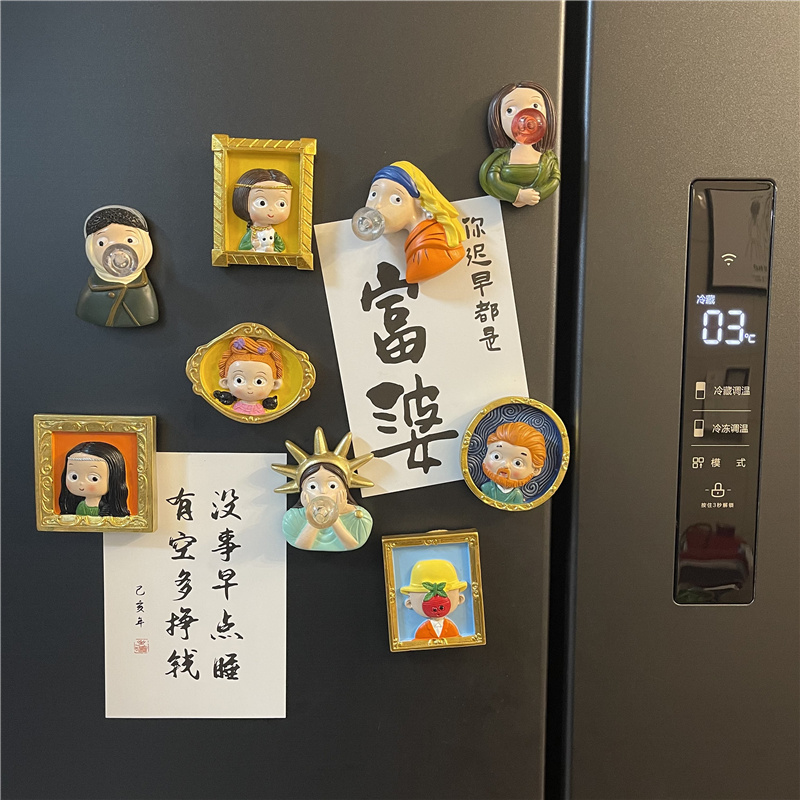 极速ins北欧风名画冰箱贴树脂装饰留言贴创意R立体可爱卡通人物磁图片