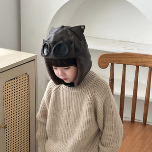 冬季儿童帽子男童雷锋帽炸街痞帅可爱皮质防风抗寒保暖女童飞行帽