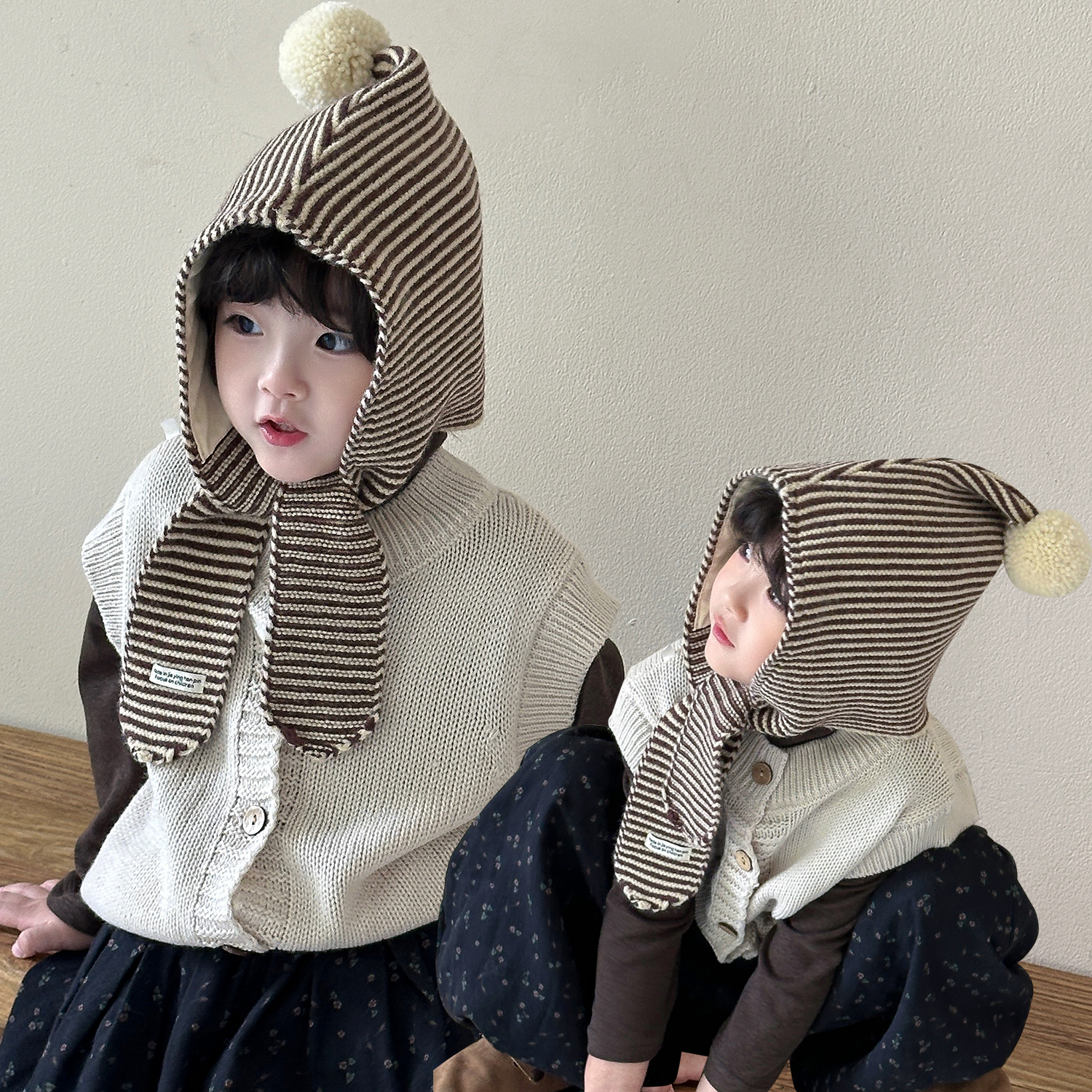 ins韩系儿童帽子围巾一体男童女宝宝针织帽洋气保暖毛线护耳帽潮