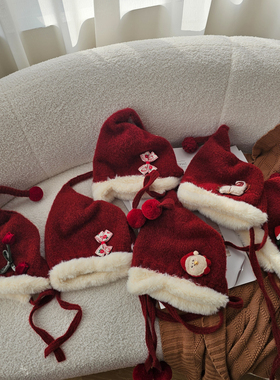 红色宝宝帽子冬季婴儿护耳帽棉内衬新年喜庆儿童针织帽男童女孩帽