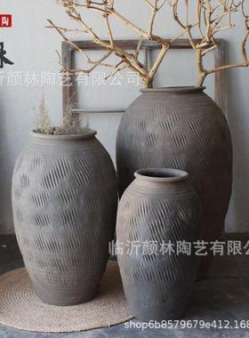 怀旧粗陶瓶落地土陶瓶陶罐瘦高灰色系仛寂风格陶罐花瓶复古民宿缸