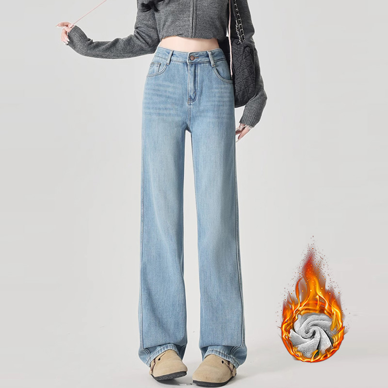 加绒梨形高腰牛仔阔腿长裤女秋冬新款宽松加厚保暖直筒拖地裤子