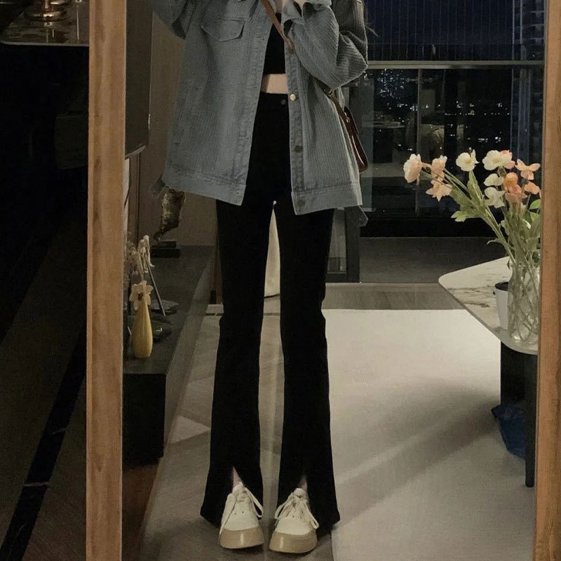 黑色弹力微喇叭开叉牛仔裤女早春新款修身拖地高腰直筒马蹄长裤子