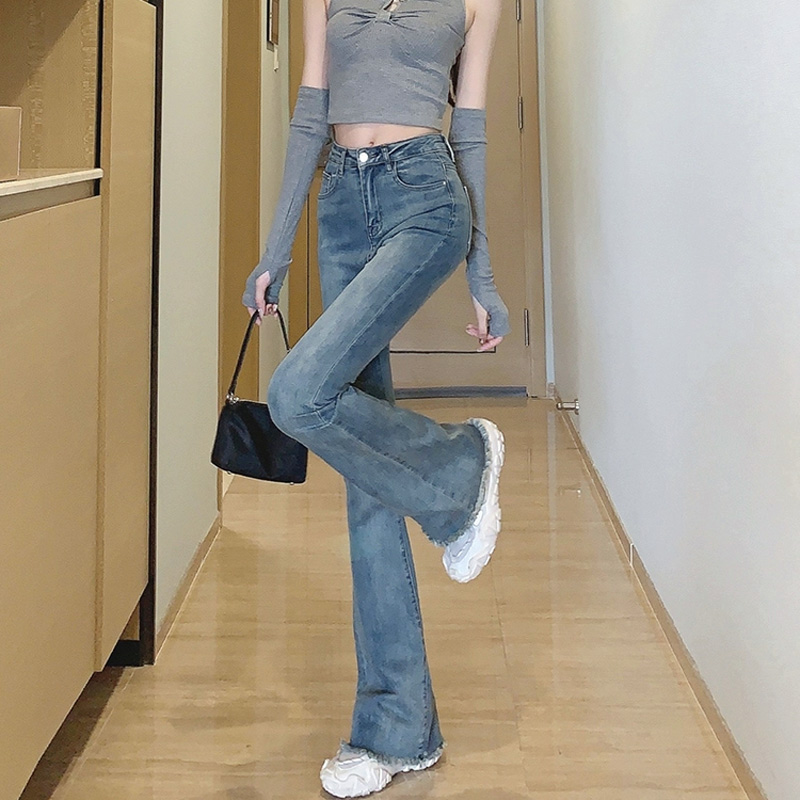 牛仔裤女小众毛边喇叭裤百搭弹力高腰修身时尚马蹄拖地微喇长裤子