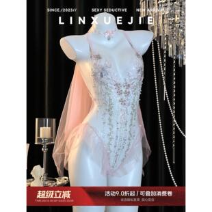 气质仙女风精致珍珠刺绣薄纱透视连体衣纯欲花嫁婚纱制服