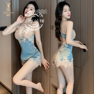性感睡衣女大码 裙子高级家居服 蕾丝吊带睡裙纯欲夏季 冰丝绸低胸款