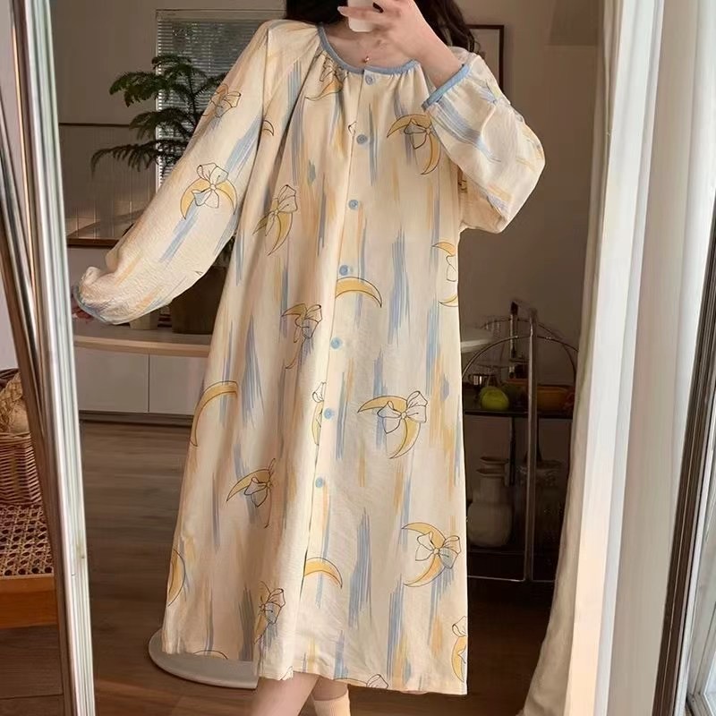 睡衣女圆领遛弯睡裙宽松简约长袖甜美显瘦春夏秋季连衣裙可爱卡通