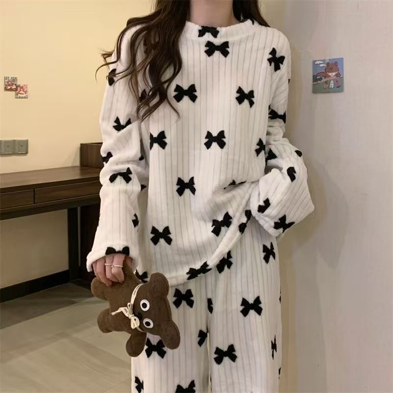 睡衣女加绒加厚保暖家居服套装宽松可外穿可爱甜美长袖长裤秋冬季