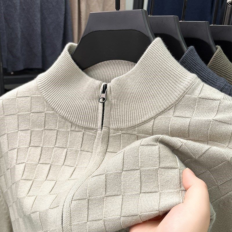2024早秋新款百搭舒适慵懒风拉链针织衫男士立领开衫薄款毛衣外套