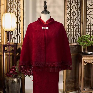 毛绒披肩婚礼妈妈l旗袍冬季外搭复古简约高级酒红色春秋外套喜婆