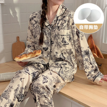 新款带胸垫一体睡衣女秋款长袖长裤春秋季外穿家T居服夏天两件套