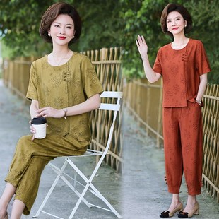 棉麻套装 国风上衣中老年女装 中年妈妈夏装 2024w新款 t恤女 夏季 短袖