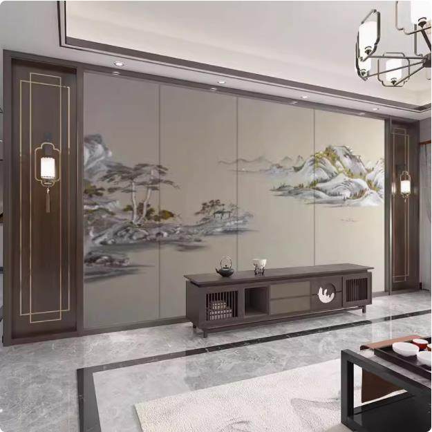 定制现代轻奢新中式刺绣硬包电视背景墙餐厅大厅酒店床头卧室软包